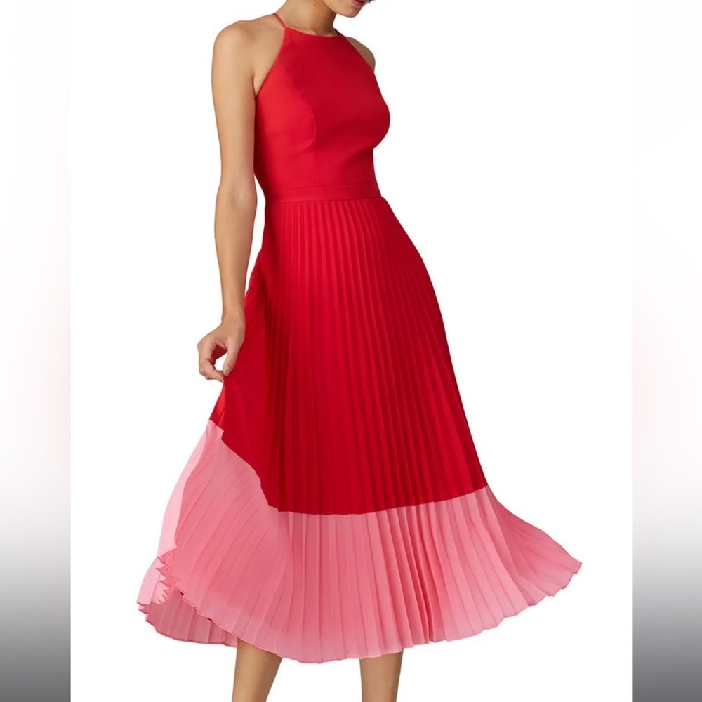 Aidan Mattox Pleated Colorblock Sleeveless Halter Neck Midi Dress Red Pink Sz 2